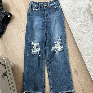 Judy Blue Medium Blue Distressed Straight Fit Jeans